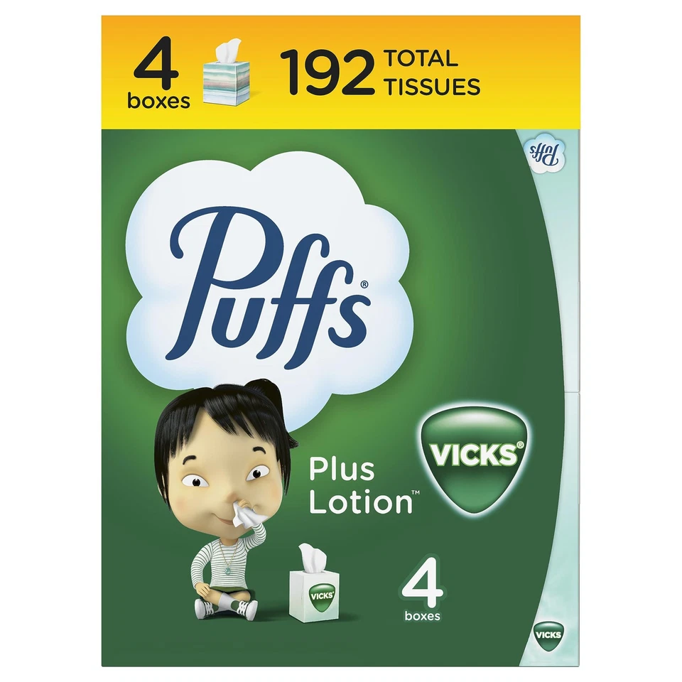 Puffs Plus Lotion with Vicks Facial Tissues 4 Cubes 48 Tissues per Box (192...