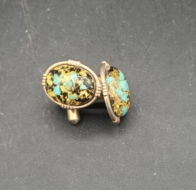 Vintage Lucite Cufflinks Black Gold Flake Confetti on Goldtone Hickok USA - Image 1 of 4