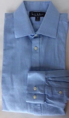 Camisa de vestir Nicole Miller para hombre azul a cuadros manga larga algodón 16 L ajuste moderno Foto 1 de 4