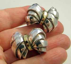 Estate Tiffany & Co Rare Huge Sterling Silver Yellow Gold Bow Pierced Earrings - Picture 1 of 5