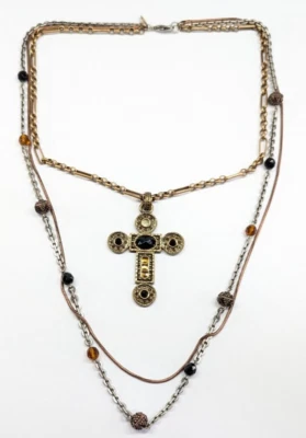 Collar Colgante Cruz Diamantes de Imitación Múltiples Hilos Tono Bronce y Plata Chico's Foto 1 de 4