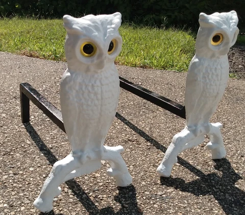 Pair of Antique Cast Iron Owl Andirons Amber Glass Eyes Snow Owl WHITE Cover