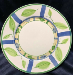 CALECA ITALY CAA20 11 3/8" DINNER PLATE BLUE STRIPES GREEN LEAVES GREEN TRIM - Picture 1 of 5