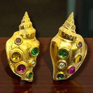 Rare Vintage JJ For Park Lane Conch Shell Earrings Gold Jewel Piercing Large 80s - Bild 1 von 2