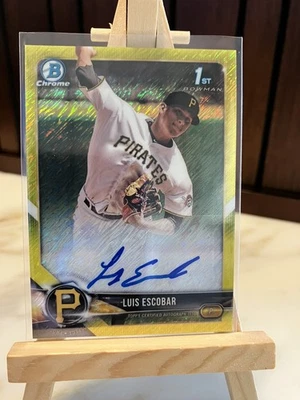 2018 Bowman Chrome Prospect Auto Luis Escobar Yellow Shimmer Auto /10 Pirates - Image 1 of 2