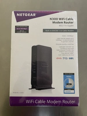 NEW Netgear N300 WiFi DOCSIS 3.0 Cable Modem Router 802.11n Gigabit C3000 SEALED - Image 1 of 4