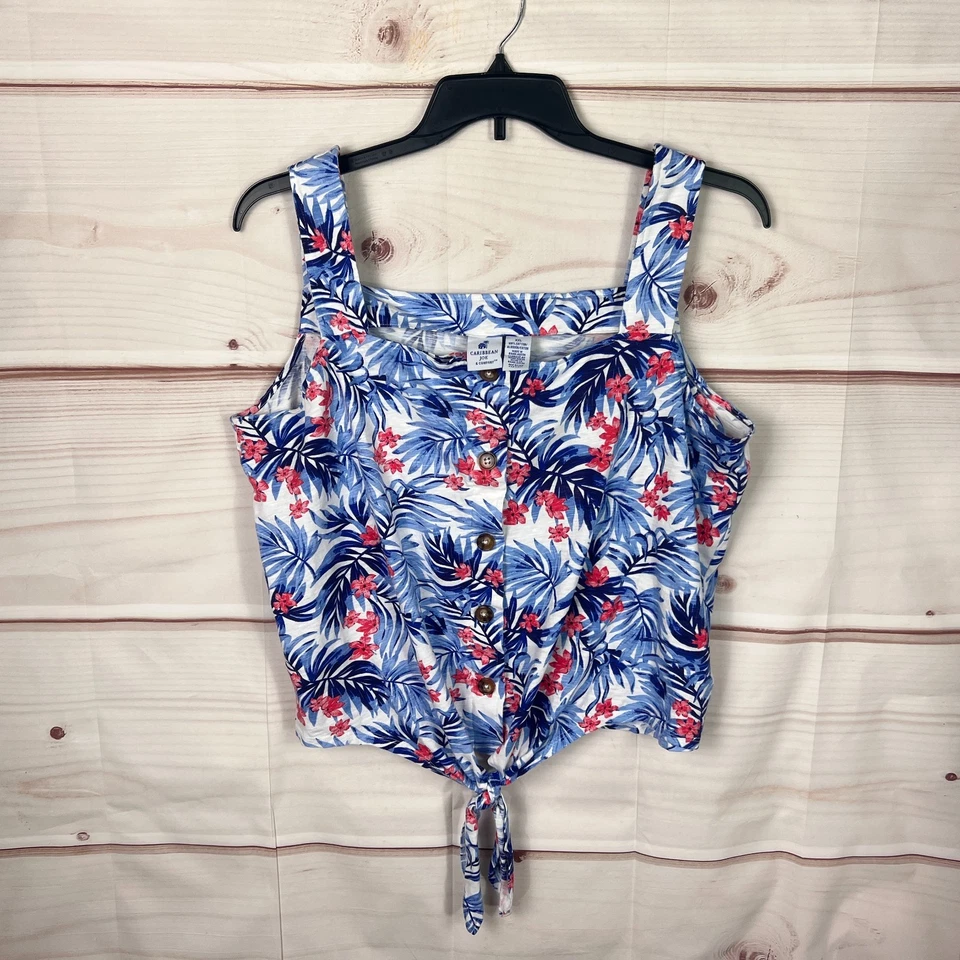 Caribbean Joe Top Womens XXL Blue Floral Tank Sleeveless Button Front Tie Waist - Изображение 1 из 4