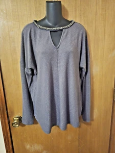 Jennifer Lopez top blouse size L Rhinestone Shiny Gray Keyhole front Dolman HQ - Picture 1 of 3