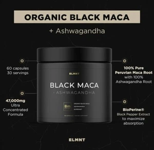 ELMNT 40,000mg 40x Strength Organic Black Maca Root with Ashwagandha - 60 Pills - Picture 1 of 3