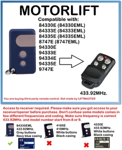 Kompatible Fernbedienung Motorlift 84330E, 84333E, 84335E, 8747E 433,92MHz - Bild 1 von 3