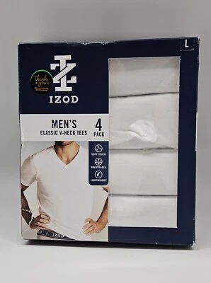 Conjunto de camisetas masculinas IZOD pacote com 4 decote em V branco algodão macio ajuste clássico sem etiqueta - Imagem 1 de 4