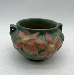 Roseville USA Clematis Green & Pink Ceramic Vase Pottery 4.5" Handled Vintage - Picture 1 of 8