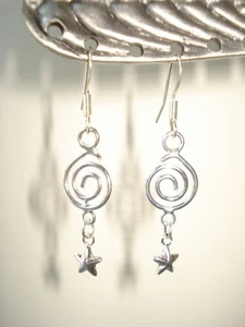 1 3/4" Drop Dangle Silver Spiral and Dangle Heart Sterling Earrings - Picture 1 of 5