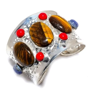 Natural Tiger'S Eye, Coral Gemstone 925 Sterling Silver Cuff Bracelet Adst. T397 - Picture 1 of 6