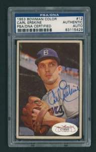 1953 Bowman Color Carl Erskine #12 PSA DNA Cetrified AUTHENTIC AUTO AUTOGRAPH - Picture 1 of 2