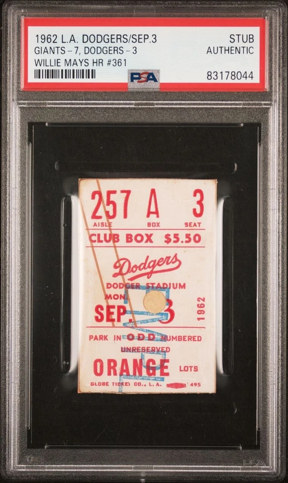 1962 WILLIE MAYS HR #361 TICKET STUB 9/3/62 SF GIANTS VS LA DODGERS POP 2 PSA - Image 1 of 4