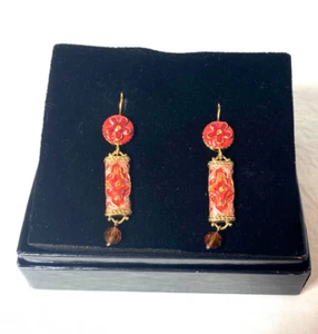Vintage Joan Rivers Dangle Earrings Gold Tone Red Enamel Cloisanne Flower Asian - Picture 1 of 6