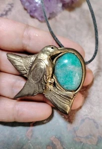 Golden Hummingbird Turquoise Necklace. San Pedro Spirit Animal Art Jewelry - Picture 1 of 3