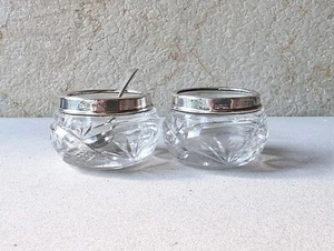 Vintage Art Deco Matching Pair Lead Crystal Open Salts Silver Rims London 1929 - Picture 1 of 8