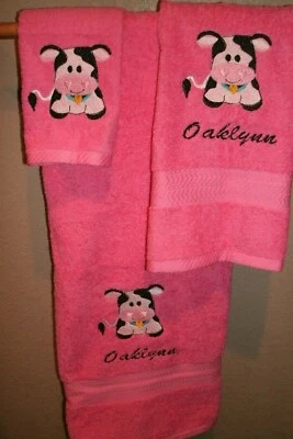 Cute Farm Cow Personalized cow  3 Piece Bath Towel Set  Your Color Choice  - Image 1 of 4