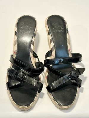 Burberry Black Patent Leather Wedge Heel Sandals Plaid Sz 10 Italian Authentic - Image 1 of 4