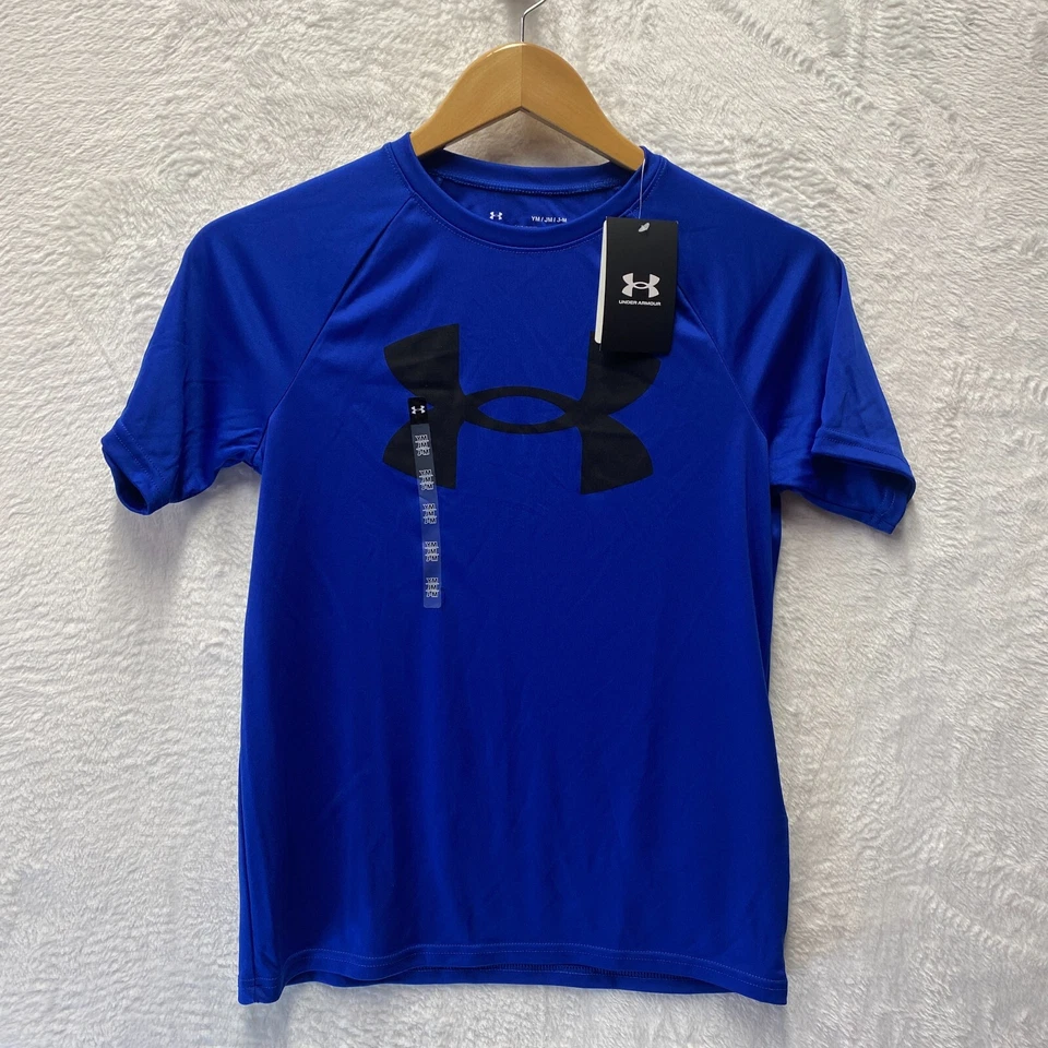 Under Armour Big Logo Loose T-Shirt Boys Medium YM Blue UA Tech Crew Neck Sports - Image 1 of 4