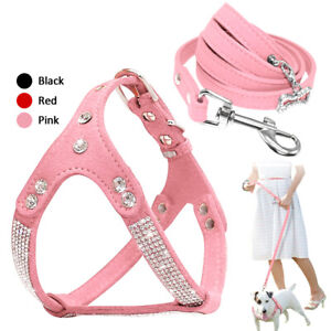 Soft Suede Leather Puppy Dog Harness and Lead set Rhinestone Pet Cat Walk Vest 