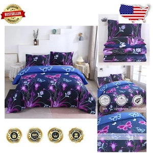 Charming Twin Purple Butterfly Comforter Set with 2 Machine Washable Pillowcases - Picture 1 of 11