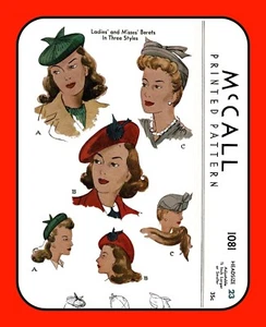 BERET Pattern Hat TAM Fascinator Adjustable 3 Styles McCall 1081 VTG 1943 - Picture 1 of 5