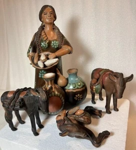 Chulucanas Peruvian Folk Art Fired Clay Figurines 12.5in Woman And 3 Burros VTG - Bild 1 von 22