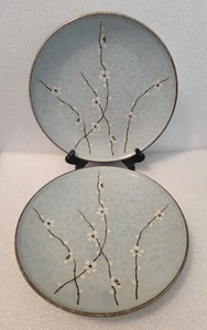 2 Japanese 11.25 Round Dinner Serving Plates Gray Blue Ume Blossom Made Japan - Picture 1 of 7