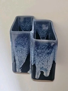 Bay Artisan Studio Pottery Pen Pencil Holder Blue Drip Glaze Handmade EUC 5.5x4" - Picture 1 of 6