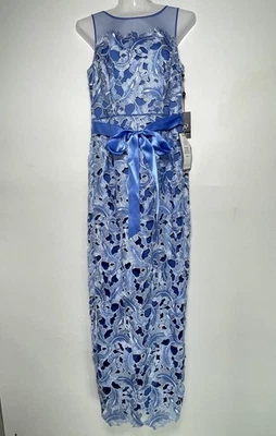 Adrianna Papell Light Blue Embroidered Floral Lace Maxi Dress Women size 2 Belt - Image 1 of 4