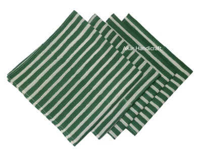 Servilletas de tela de algodón con estampado 100 % algodón con bloque de mano indio a rayas verdes Foto 1 de 3
