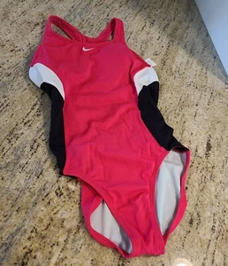 Nike Girls Sz 8 One Piece Swim Suit Padded Racer Back Pink Black White - Picture 1 of 12