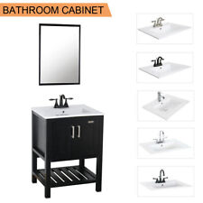 24" Bathroom Vanity Cabinet Mirror Overflow Drop in Ceramic Vessel Sink Black