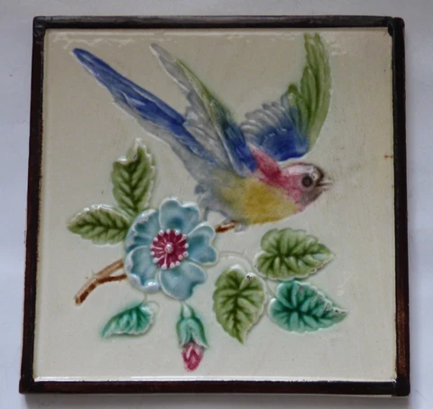° Colourful flying Bird with Flowers Art Nouveau white Tile Jugendstil Schmider Cover