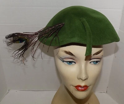 Sombrero de terciopelo genuino verde aguacate vintage pluma de pavo real Foto 1 de 4