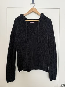 VTG Ralph Lauren Polo Jeans Sweater Hoodie Womens Sz XL Black Cable Knit V Neck - Picture 1 of 12