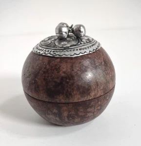 Vintage Round Wooden Trinket Box w/ Silver Embellished Lid, Made In Thailand - Picture 1 of 13