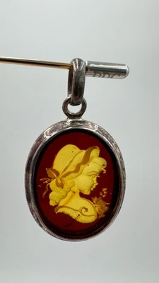 Joyería vintage de plata de ley 925 tallada ámbar báltico ovalada Foto 1 de 4