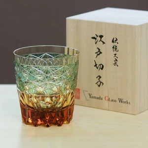 Edo Kiriko Rock Glass “Dawn / YD-49” – Amber Green Japanese Cut Crystal - Picture 1 of 6
