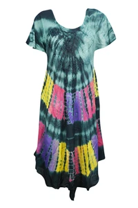 Boho Green Tie Dye Dress Loose Flared Holiday Beach Cover Up Holiday Dresses L