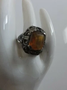 Antique Orange Stone Paste or Amber 835 Silver Scrolls Ring - Picture 1 of 9