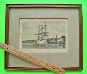 c 1900 SIGNED ANTIQUE ETCHING Harbor / 3-Masted Ship FLENSBURG GERMANY Framed - Bild 1 von 10