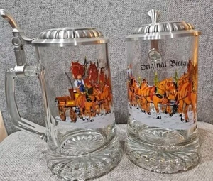 Pair Original Bierzug Beer Mugs Pewter Lid Clydesdales Vintage Domea Glass Zinn - Picture 1 of 14