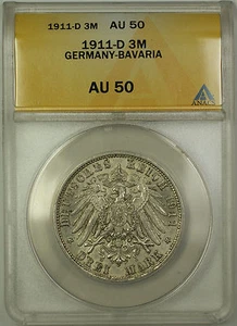 1911-D Germany Bavaria 3M Three Marks Silver Coin ANACS AU-50 - Picture 1 of 2