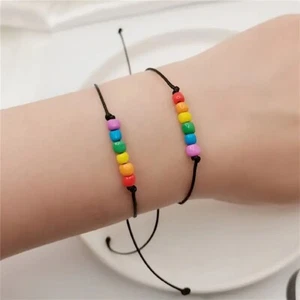 Rainbow Pride bracelets, 3mm seed-style beads, pair unisex - Picture 1 of 6