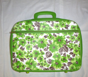 Vtg 60s Small Vinyl Lime Green White Floral Flower Power Suitcase 16x11 CUTE!!