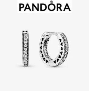 New 100% Genuine Authentic Pandora Pave Heart Hoop Earrings Small 296317CZ - Picture 1 of 8